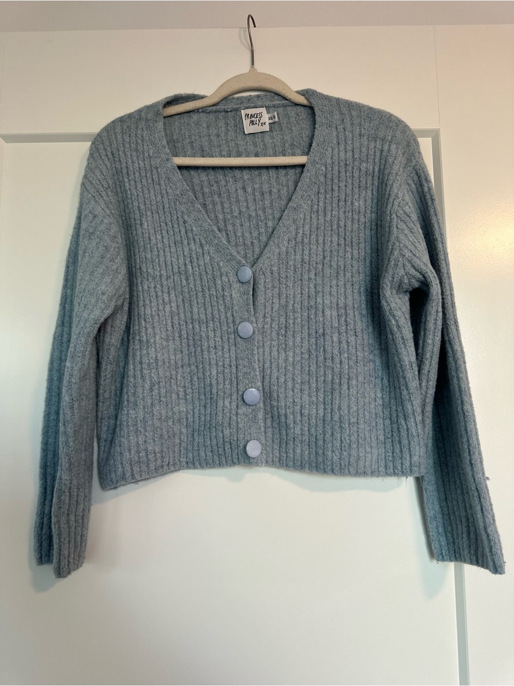 Princess Polly Dusty Blue Ribbed V-Neck Button Cardigan